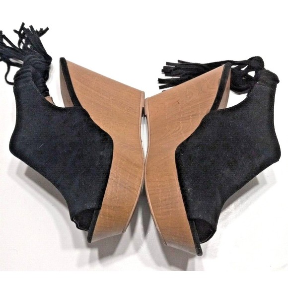 Qupid Platform Wedge Fringed Heel Sandal Black Suede Leather Elastic Back - Picture 6 of 12